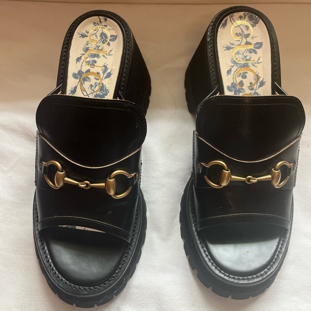 Gucci Black Cordovan Lux Leather Mules with Gold Horse bit